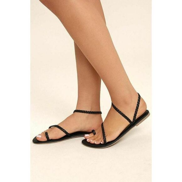 Lulus Shoes - Lulu's Sandals Mirela Black Braided  Flat Vegan Sandals